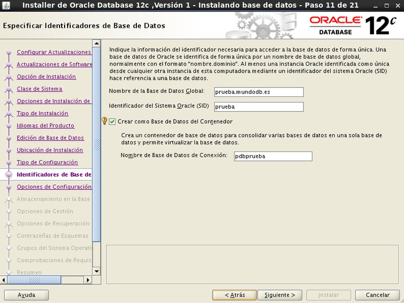 instalación Oracle Database 12c - Centos - 11 - Identificadores de base de datos