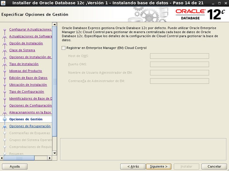 instalación Oracle Database 12c - Centos - 14 - Opciones de gestion