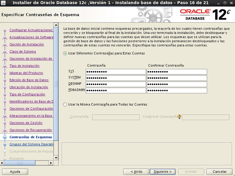 instalación Oracle Database 12c - Centos - 16 - Password esquema