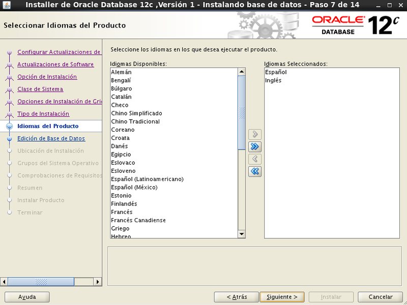 instalación Oracle Database 12c - Centos - 7 - idiomas del producto